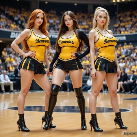 ((realism, photorealistic, life-like photograph, Real-Faceji, tall)), 3 cheerleaders, beautiful Norwegian Nordic Viking young 19year girls, one hasvery long wavy glossblack hair, one has ginger hair, one has blonde hair ponytail, ((yellow tshirt with "BEAV...