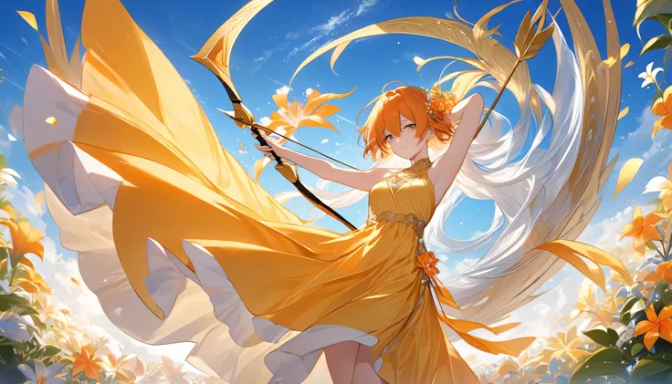The background is a tropical orange flower々Blooming in profusion, The sky is blue 々Clear sky,blue sky, wearing a long silky yellow dress、A beautiful and pretty goddess ,Sagittarius goddess ,holding a huge bow and arrow with elaborate decorations in his han...