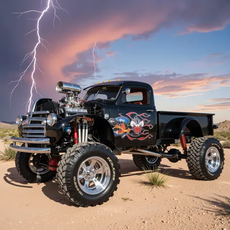 Create a photorealistic image of an extreme, OFF ROAD, vintage pickup with a lifted frame. The design is extreme. The paint style is black and chrome, It is custom and unique. It has monster tires in the rear. The rims are polished chrome. The engine is ex...