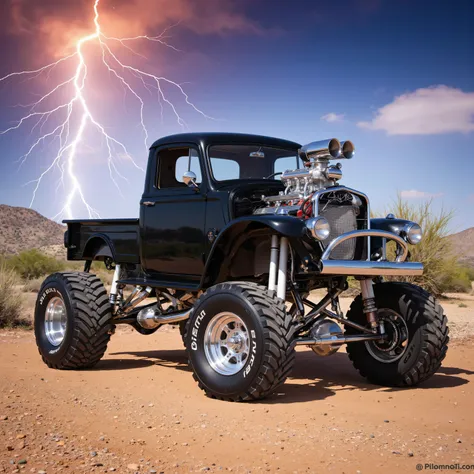 Create a photorealistic image of an extreme, OFF ROAD, vintage pickup with a lifted frame. The design is extreme. The paint style is black and chrome, It is custom and unique. It has monster tires in the rear. The rims are polished chrome. The engine is ex...