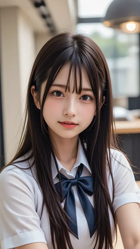 In front of the home economics kitchen、idol with a cute face in a neat school uniform takes a selfie of her upper body、warm smile and fluffy hair in front of home economics kitchen、blurry cooking utensils and table in the background。

