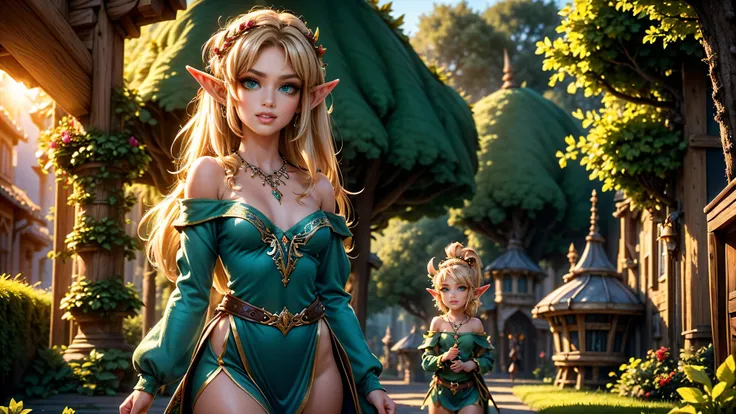 ((1girl)), ((solo)), ((young woodland warrior elf girl)), ((walking through a woodland village)), ((multiple male elves turning to look at her)), ((elf girl focus)), long hair, small pointy ears, ((round breasts)), thigh-highs, formfitting eleven clothes, ...