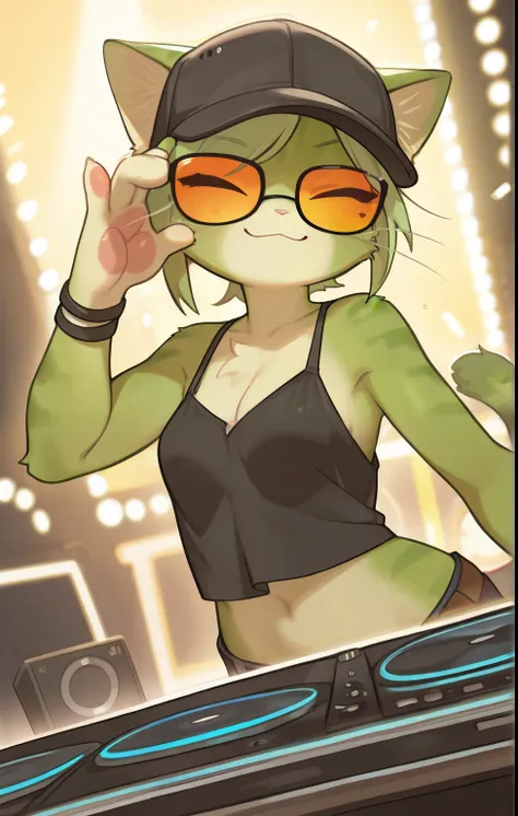 in, best quality, masterpiece、 animated anime、 Women's Furry 、 green cat、hat、glasses、DJ