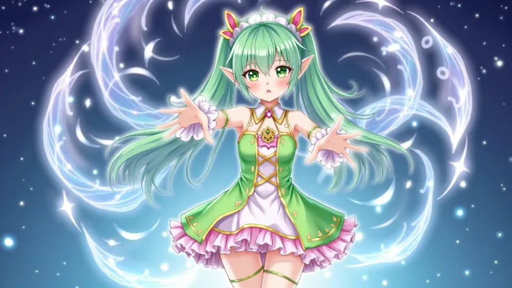 A petite elf girl with vibrant green hair, delicate features, and fair skin stands gracefully. Her pointed ears peek through her soft green hair, emphasizing her enchanting presence. She wears a vibrant, colorful magical-girl costume inspired by Japanese a...