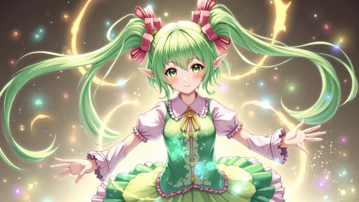 A petite elf girl with vibrant green hair, delicate features, and fair skin stands gracefully. Her pointed ears peek through her soft green hair, emphasizing her enchanting presence. She wears a vibrant, colorful magical-girl costume inspired by Japanese a...