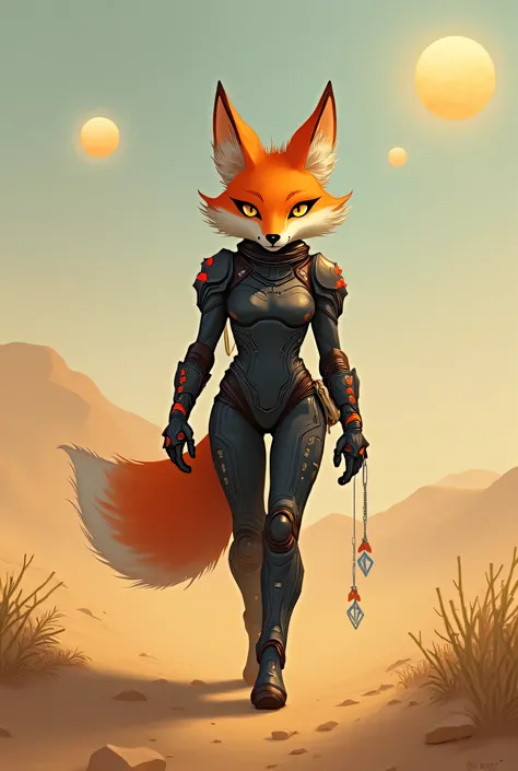 The Desert Wanderer
Prompt:
A futuristic anthropomorphic fox named Vicky, wearing a sleek, dark armored suit with glowing red and orange accents, walks across a vast desert landscape under twin suns. Her piercing golden eyes scan the horizon, and her fluff...