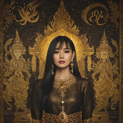 Thai woman wearing gold Thai dress wearing a jewel necklace with sensual words,Short hair wearing background earrings in the form of a standing angel character