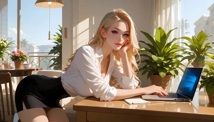 "A stylish modern café with sleek wooden furniture, hanging pendant lights, and neatly arranged potted plants. A beautiful woman in an elegant white blouse and black skirt sits at a clean, minimalist table, working on her laptop while sipping espresso. Her...