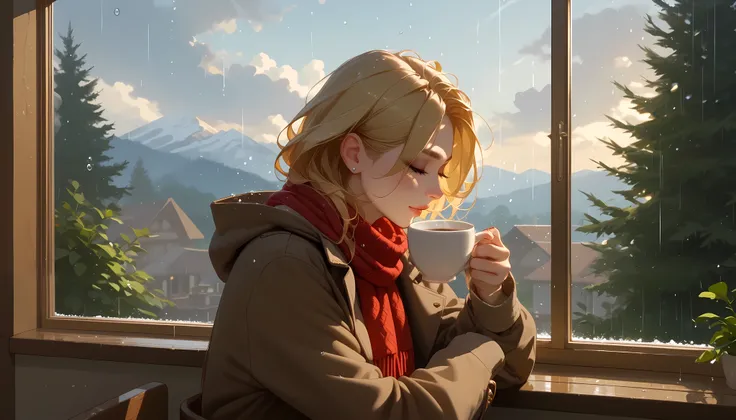 "A cozy café on a rainy afternoon, with large windows covered in raindrops and the scent of freshly brewed coffee filling the air. A beautiful woman with a thoughtful expression sits by the window, stirring her cup of coffee while gazing outside at the rai...