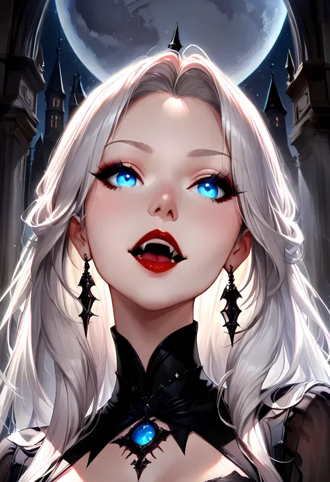 dark fantasy art, a picture of a fantasy, a beautiful female vampire, feminine body, full body shot, best detailed face, pale skin, white hair, glowing eyes, blue eyes, dark red lips, fangs, wearing black dress, (transparent fabric dress: 1.3), goth dress...