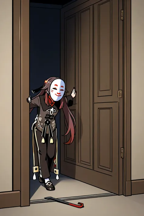 Hu tao,Wearing a mask,Sneaking around,micro,Carrying a crowbar,At the door,meme theme, bright light