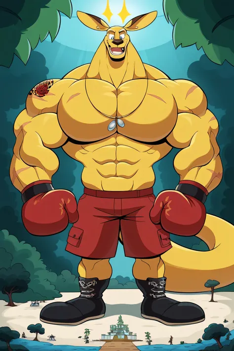 a giant muscles boxing kangaroo, yellow skin, long neck, bigger saturaded green boxing gloves, red shorts, necklaces, fur red neck, bigger cartoon eyes, big ears, long tail, big feets, black boots, looking down, muscular body, scars on the body, red tattoo...