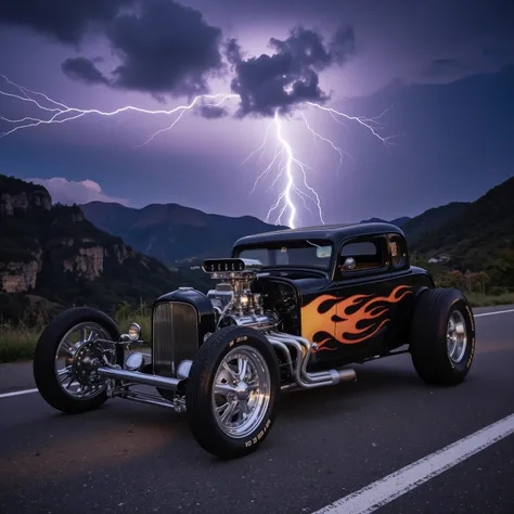 Create a photo-realistic, vintage, coupe 37, custom dragster vehicle. The dragster has monstrous oversized tires in the rear with chrome rims. The car has custom flames. The design has numerous chrome features. The body color is black and chrome. The backg...