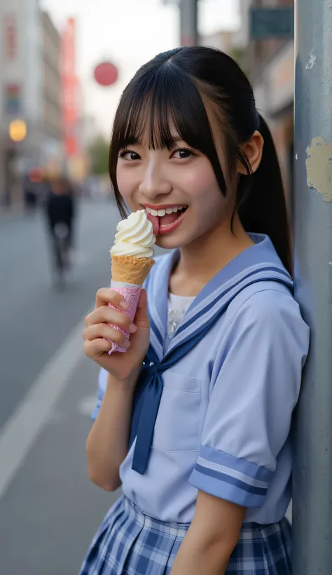 woman, high definition, masterpiece, accurate, anatomically correct, 最high quality, high detail, high quality, high definition model, textured skin, Ultra-fine, Hair, ponytail、smiles, stick out your tongue, portrait photo on a gal telephone pole, Photo Qu...
