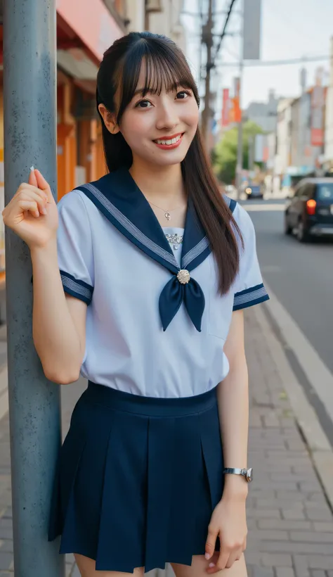 woman, high definition, masterpiece, accurate, anatomically correct, 最high quality, high detail, high quality, high definition model, textured skin, Ultra-fine, Hair, ponytail、smiles, stick out your tongue, portrait photo on a gal telephone pole, Photo Qu...