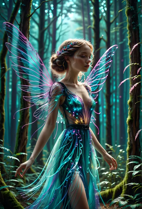 ( Combination of colors shadows of light neon blue  ,Black ,bright colored purple neon light)  shabby chic Dreamy glow pastel freckled forest girl swirling magic abstract fairytale, ( wings attached to the shoulders :1.1),  ArtStation style made of,  tiny ...