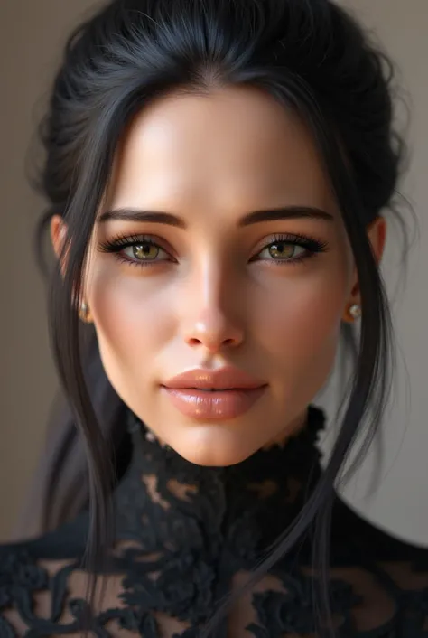 Realistic symmetrical close up portrait, realistic skin, Beautiful high-ranking woman witch, glow up make up, charming woman, seducing, seductive looking, seduce,sardonic smile , lips full in love ,photorealistic , Symmetrical close-up portrait of a beaut...
