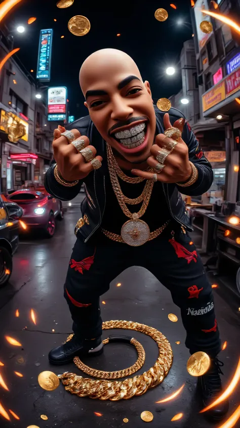 3D smooth caricature-styled full-body avatar of an African American man with a bald head, dressed in black pants and a jacket, striking a fighting pose surrounded by fire sparks and gold coins. He has diamond grills on his teeth and is throwing chains at t...