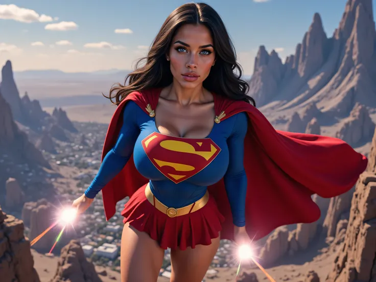 INCREDIBLY SEXY YOUNG INNOCENT MATURE SUPERGIRL, HYPER DETAILED BLUE EYES, beautiful Kryptonian superheroine, powerful stance, blue eyes, wavy black hair, determined expression, red and blue costume, flying mid-air, energy beams from EYES, detailed facial ...