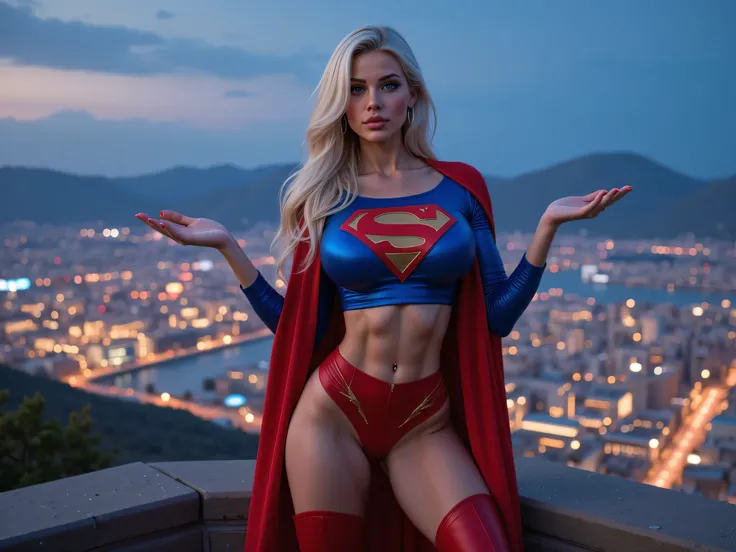 INCREDIBLY SEXY YOUNG INNOCENT MATURE SUPERGIRL, HYPER DETAILED BLUE EYES, beautiful Kryptonian superheroine, powerful stance, blue eyes, wavy white hair, determined expression, red and blue costume,red boots, , detailed facial features, 4K, flight, hyper ...