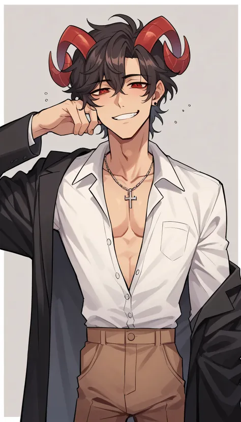 better quality, very detailed illustration , 1 boy, delgado, male body, strong jaw, broad shoulders , simple drawing, Artifyber style , pastel flat colors , red eyes, parted fluffy curly hair, side part in hair, ram demon horns, black trench coat, slightly...