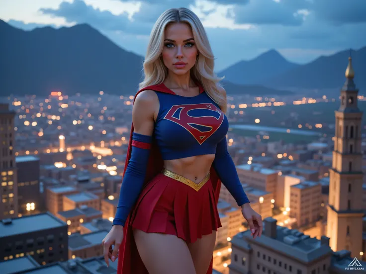 INCREDIBLY SEXY YOUNG INNOCENT MATURE SUPERGIRL, HYPER DETAILED BLUE EYES, beautiful Kryptonian superheroine, powerful stance, blue eyes, wavy white hair, determined expression, red and blue costume, red pleated skirt, yellow belt, red boots, , detailed fa...