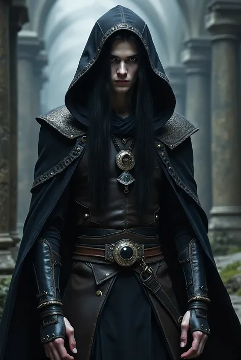 A young Shadar-Kai male, standing tall with an intense and calculating gaze. His face is sharp and angular, with pale, ashen-gray skin. His eyes are completely black with a spectral glow, giving him an eerie presence. His long, straight black hair falls lo...