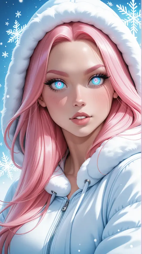 (TangoBat:0.7),(Sakimichan:0.7), A stylized anime portrait of a girl with vibrant pink hair, large expressive eyes, and a soft, fluffy white winter jacket with hood, set against a light-blue background scattered with snowflakes, and showing a pastel, drea...