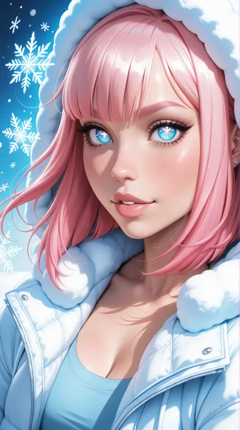 (TangoBat:0.7),(Sakimichan:0.7), A stylized anime portrait of a girl with vibrant pink hair, large expressive eyes, and a soft, fluffy white winter jacket with hood, set against a light-blue background scattered with snowflakes, and showing a pastel, drea...