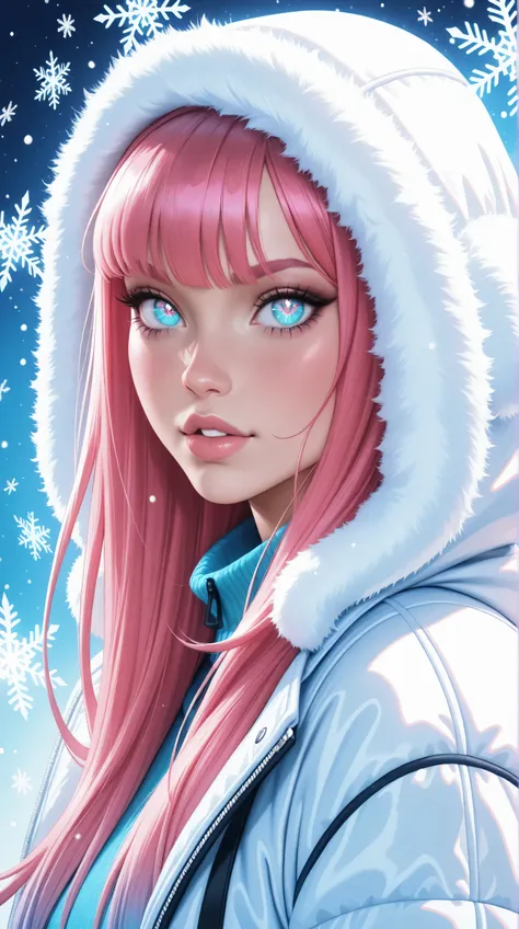 (TangoBat:0.7),(Sakimichan:0.7), A stylized anime portrait of a girl with vibrant pink hair, large expressive eyes, and a soft, fluffy white winter jacket with hood, set against a light-blue background scattered with snowflakes, and showing a pastel, drea...