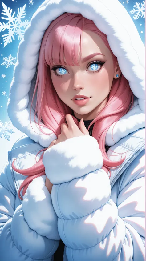 (TangoBat:0.7),(Sakimichan:0.7), A stylized anime portrait of a girl with vibrant pink hair, large expressive eyes, and a soft, fluffy white winter jacket with hood, set against a light-blue background scattered with snowflakes, and showing a pastel, drea...