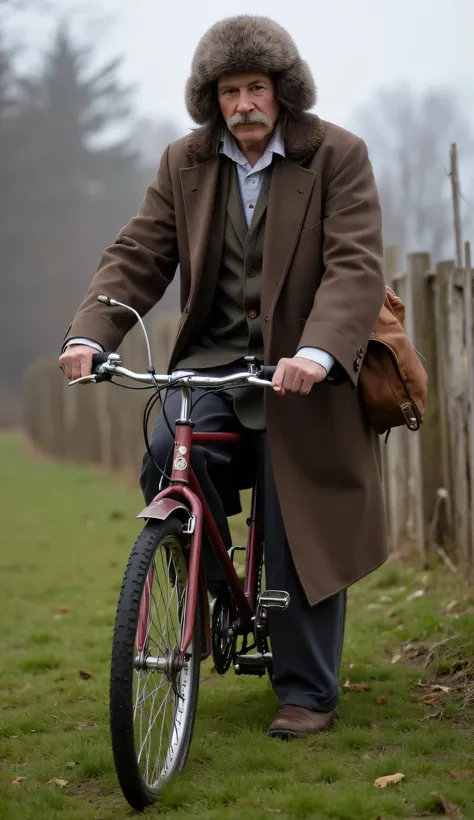male, 70 years old, thin, tramp, Sharpness, gravure, wrinkles, hyperphotorealism, best quality, superdetail, photorealistic 1.4, superdetail skin, natural hair color, old dark red bicycle, old shabby clothes, shabby clothes, old brown long raincoat, fur ha...