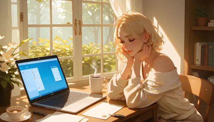 "A beautiful face and nice body, a woman sitting at a wooden desk, focused on her laptop." She is wearing a comfortable sweater, with a cup of coffee and a notebook beside her. Sunlight streams through a nearby window, casting a warm and productive atmosph...