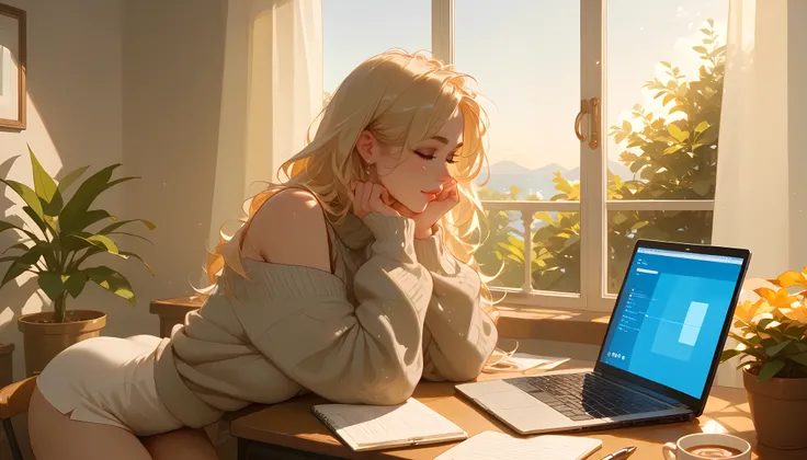 "A beautiful face and nice body, a woman sitting at a wooden desk, focused on her laptop." She is wearing a comfortable sweater, with a cup of coffee and a notebook beside her. Sunlight streams through a nearby window, casting a warm and productive atmosph...