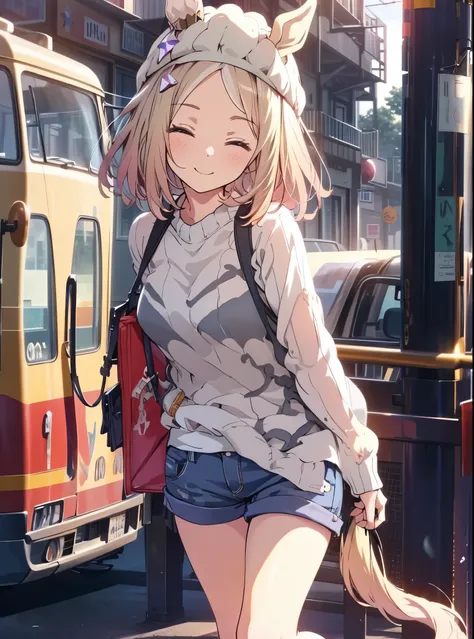 Narita Top Road \(Uma Musume\), 1 girl, Alone, anime style,cute girl,best quality, super detailed, anime style,8k, high resolution, detailed face, Upgraded images of characters,looking here,((close your eyes and smile)),I'm dyeing my cheeks a little red,...