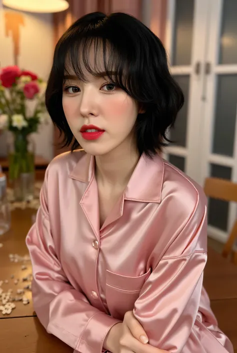 a woman, just woke up, sitting at the dining table, front facing, pink satin material sleeping shirt, big , red lips, black hair
