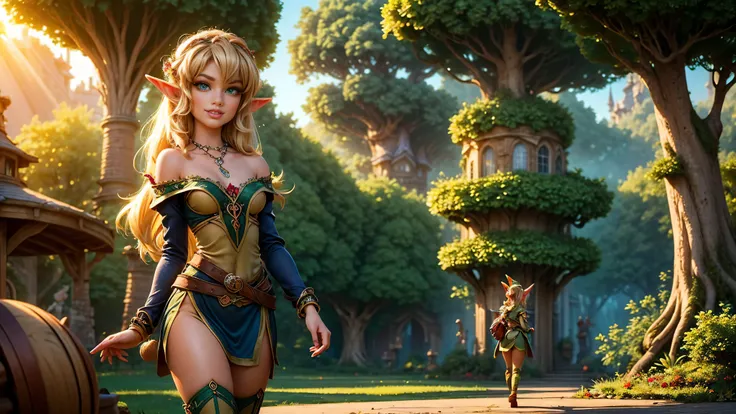 ((1girl)), ((solo)), ((young woodland warrior elf girl)), ((walking through a woodland village)), ((multiple male elves turning to look at her)), ((elf girl focus)), long hair, small pointy ears, ((round breasts)), thigh-highs, formfitting eleven clothes, ...