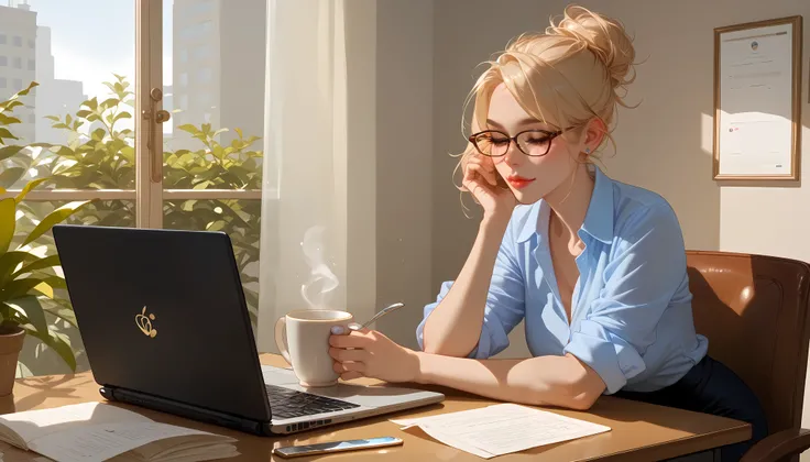 "A beautiful face and nice body, a woman working on her laptop in a cozy home office." She is wearing a casual blouse, with glasses resting on her nose. A cup of tea, a smartphone, and a few documents are scattered on the desk, creating a focused workspace...