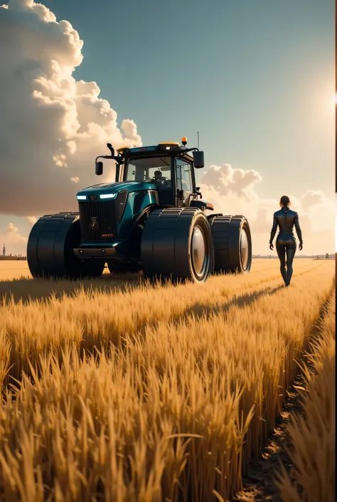 detailed image, The latest high-tech crawler tractor in a wheat field, farmer in ultra-modern high-tech jumpsuit, walking nearby, spaceship spaceport, alien sky, сверхdetailed image, hand-drawn, with many shades and halftones, with a depth of light and sha...