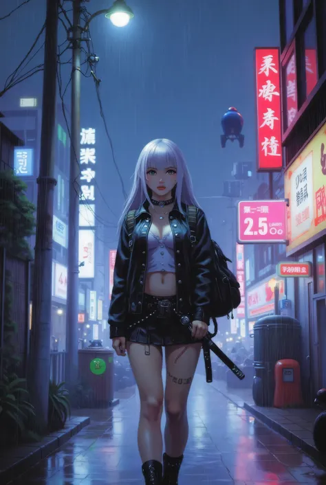 "A highly detailed and realistic 4K cyberpunk illustration featuring a vintage analog photography style. A sexy young Japanese woman, dressed in sexy schoolgirl clothes, wears a black leather jacket over her shirt. Her unbuttoned shirt reveals her soft bre...