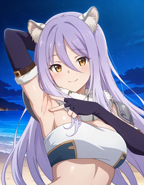shiori, game screencap, long hair, hair between eyes, multicolored hair, purple hair, light purple hair, yellow eyes, tiger ears,
scarf, tube top, single shoulder pad, fur trim, elbow gloves, fingerless gloves, shiny skin, high quality, solo, upper body, ...