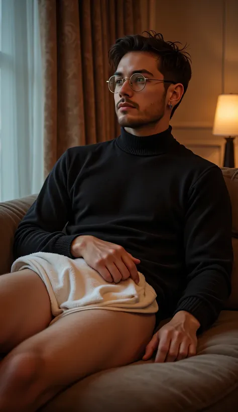 A very educated and handsome man wearing only a turtle neck sweater, in christmas, sitting on a couch, he is wearing a round frameless eye glass, he is not wearing a pant, there is only a towel on his lap, but we can still see his naked thighs, his crotch ...