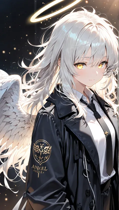(masterpiece, best quality:1.3), (Extremely detailed:1.3), 1 Girl, Solitary, (White hair, Messy hair, Long hair), (Angel Wings, Angel Halo), Yellow eyes, (White shirt, Black tie, Black coat, Open coat), Cowboy shooting, light, (((Glowing light particles)))...
