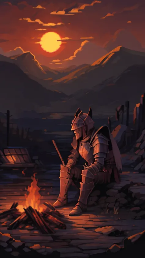 Warrior in armor sitting around a fire watching the sun go down