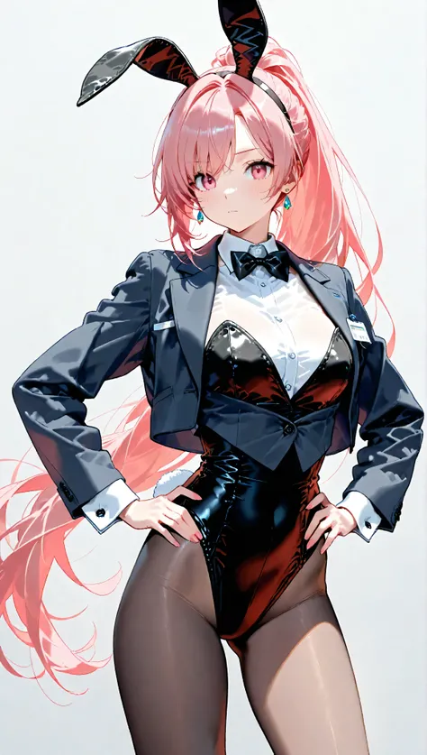 a lady in cosmetically altered business attire posing with Hands on hips, Alone, Animal ears, Hands on hips, Long Hair, Bunny ears, One girl, Pink Hair, fake Animal ears, Earrings, cropped jacket, jewelry, very Long Hair, Pink Eyes, bow, Playboy Bunny, bo...