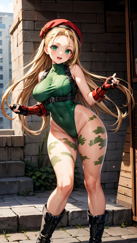 masterpiece、 high image quality、smiles、open mouth、(blonde long hair)、(standing:1.5、 and extend both hands:1.3、Big Breasts、SFW Giant Body、long legs)、 blue eyes、cammy white, long hair, blonde hair,  beret , (red headwear:1.3), large breasts, ( green leotard ...