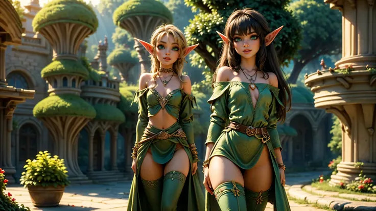 ((1girl)), ((solo)), ((young woodland warrior elf girl)), ((walking through an elf village)), ((male elves turning to look at her)), ((elf girl focus)), ((long dark hair)), ((small pointy ears)), ((round breasts)), thigh-highs, formfitting eleven clothes, ...
