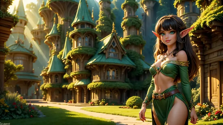 ((1girl)), ((solo)), ((young woodland warrior elf girl)), ((walking through an elf village)), ((male elves turning to look at her)), ((elf girl focus)), ((long dark hair)), ((small pointy ears)), ((round breasts)), thigh-highs, formfitting eleven clothes, ...