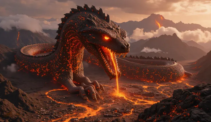 A gargantuan molten lava serpent, with a snake-like head crowned in volcanic stone. Its glowing crimson eyes and massive jaws release molten breath as it weaves through mountains. The 3000-foot body burns with an inner molten core, leaving behind a trail o...