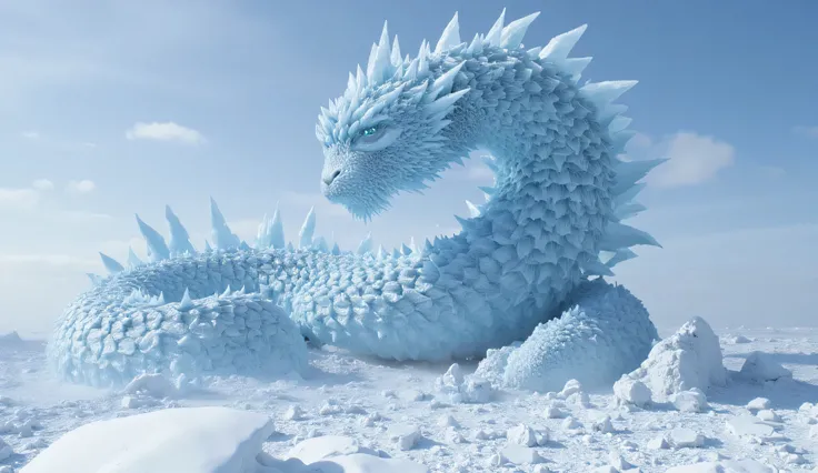 A towering ice titan with the head of a serpent, made of sharp, crystalline ice. The titan’s 1000-foot body moves like a gigantic snake, with jagged scales that freeze anything they touch. Its icy breath turns entire landscapes into frozen wastelands.